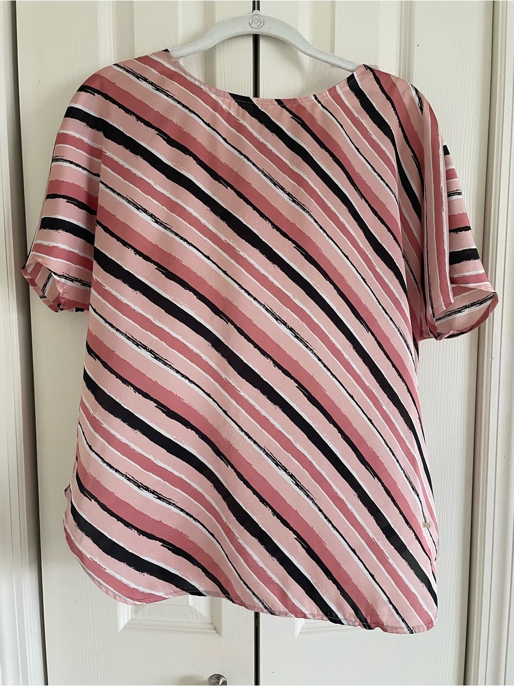 Anne Klein Pink & Black Diagonal Stripe Short Sleeve Blouse